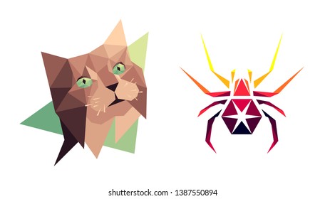 Low poly cat and spider. Geometric logo