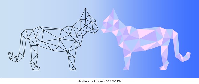 Low poly cat vector illustration. Two polygonal cat silhouettes - black outlined polygonal cat and pink shades colorful polygonal cat. Horizontal banner template with domestic animal. Pet artwork