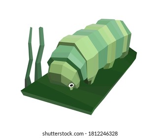 low poly caterpillar on leaves. Polygonal animal logo vector illustration.