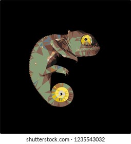 Low poly chameleon on black background, vector illustration EPS 10 isolated.  Polygonal style trendy modern logo design. Suitable for printing on a t-shirt.