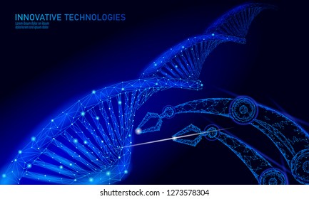 Low poly chemical DNA gene therapy science concept. Polygon lab triangles 3d rendering chemistry genetic engineering. Modern innovation human evolution genomics technology ai vector illustration