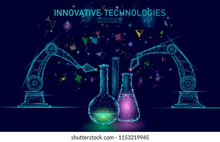 Low poly chemical synthesis science concept. Polygon lab chemistry material production reactor. Modern innovation compound technology product laboratory robotic ai vector illustration