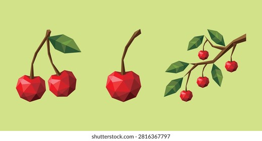 Low Poly Cherry Collection Vector Set – Single Cherry, Twin Cherries and Cherry Branch Geometric Polygon Illustration