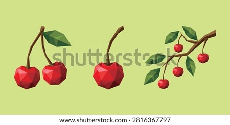 Low Poly Cherry Collection Vector Set – Single Cherry, Twin Cherries and Cherry Branch Geometric Polygon Illustration