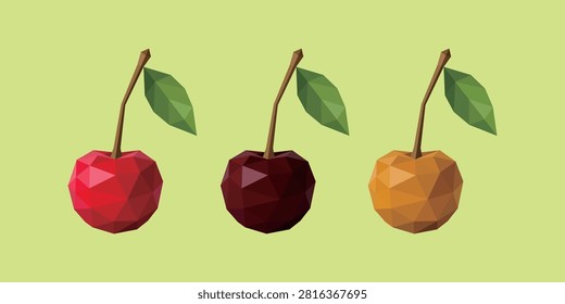 Low Poly Cherry Varieties Vector Set – Geometric Polygon Red, Dark Sweet and Yellow Cherry Illustration