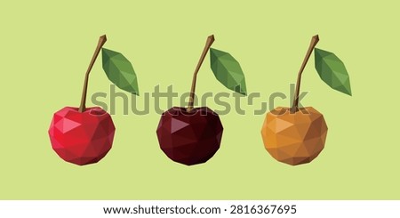 Low Poly Cherry Varieties Vector Set – Geometric Polygon Red, Dark Sweet and Yellow Cherry Illustration