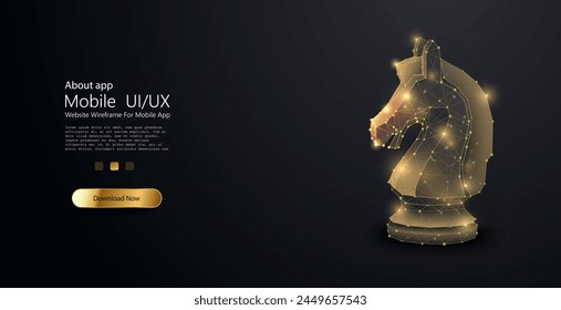 Niedriges Poly des SCHACHPFERDES mit einem goldenen Staubeffekt. In: Digital Chess Horse in Luminous Network. Ein digitaler Schachritter taucht in einer Konstellation von Konnektivität auf und symbolisiert strategisches Denken.