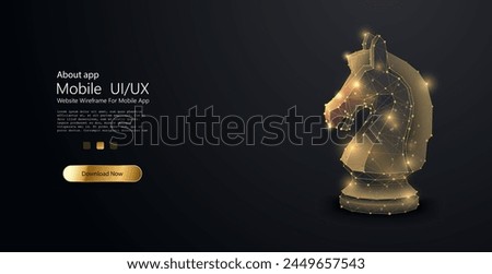 Low poly of the CHESS HORSE with a golden dust effect. Digital Chess Horse in Luminous Network. A digital chess knight emerges in a constellation of connectivity, symbolizing strategic thought.