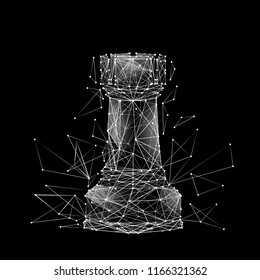 Low Poly chess rook. Abstract mash line and point action on black background with an inscription. Vector polygonal illustration. Business art