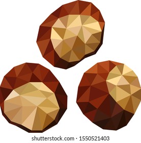 Low poly chestnuts, three autumn chestnuts drawn by triangles