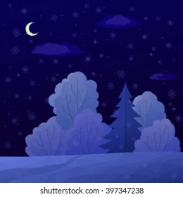 Low Poly Christmas Landscape, Night Winter Forest with Coniferous and Deciduous Trees and Snow. Vector