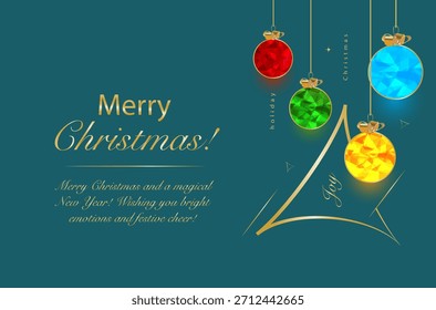 Low Poly Weihnachts- und Neujahrsbaumkugeln auf festlicher Grußkarte