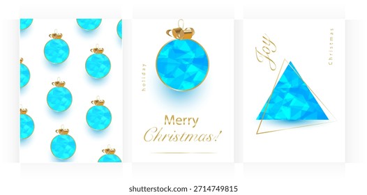 Navidades de polietileno bajas y tarjeta de felicitación del año Nuevo con adornos festivos azules y texto de Festiva