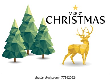 Low poly Christmas scene with reindeer and pines. Vector illustration