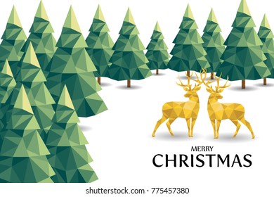 Low poly Christmas scene with reindeer and pines, Vector illustration