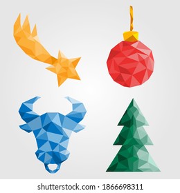 Low poly christmas tree, ball, star, ox. Isolated vector elements of christmas decorations. 
