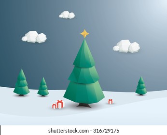 Low poly christmas tree. Holiday card template. Winter landscape with snow. Eps10 vector illustration.