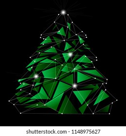 Low poly christmas tree on the black background with shiny lights