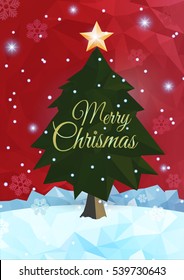 Low poly christmas tree on winter background for merry christmas greeting