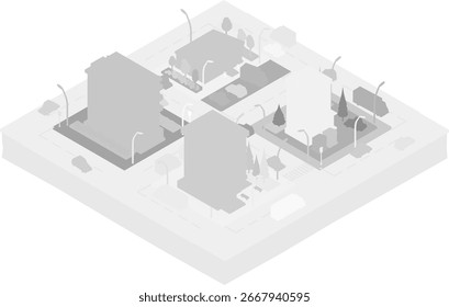 A silhueta baixa da cidade poli com uma vista isométrica apresenta edifícios ordenadamente arranjados em um padrão de grade. Árvores criam um cenário natural enquanto luzes de rua espalhadas adicionam um toque urbano moderno.