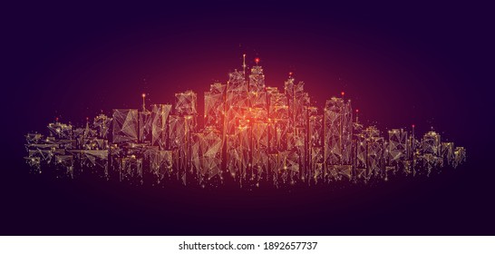 Low poly city skyline panorama vector illustration. Digital wireframe of architectural building in panoramic view made of connected dots. Low poly art of cityscape.