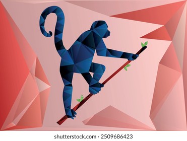 Low poly climbing monkey digital art with abstract background vector illustration design