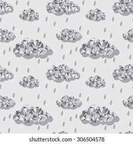 Low poly clouds and rain seamless pattern. Black and white autumn background.