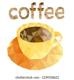 low poly coffee Cup, coffee inscription polygonal style, polygon drink, white Abstract geometric background,vector illustration
