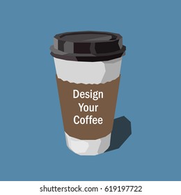 Low poly coffee to go recycling organic cup on color background. Triangulation origami illustration. Modern style polygonal vector icon for restaurant menu, espresso bar, banner, print, logo 