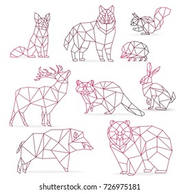 Low poly color gradient line animals set. Origami poligonal line animals. Wolf bear, deer, wild boar, fox, raccoon, rabbit and hedgehog.