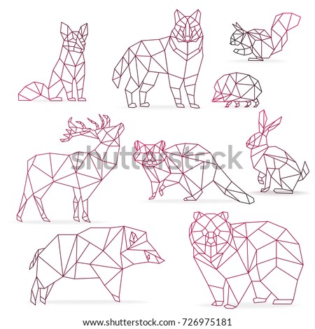 Low poly color gradient line animals set. Origami poligonal line animals. Wolf bear, deer, wild boar, fox, raccoon, rabbit and hedgehog.