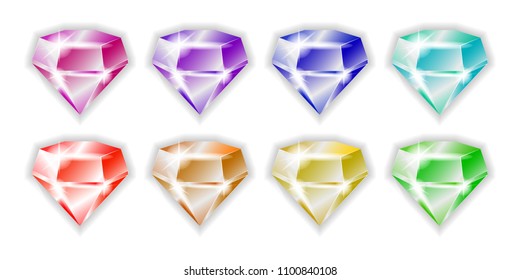 Low poly colored black outline template four-sided step-cut gem cut icons isolated on white background, vector illustration