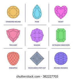 Low poly colored & black outline template four-sided step-cut gem cut icons isolated on white background, vector illustration