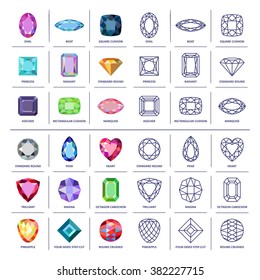 Low Poly Colored & Black Outline Template Four-sided Step-cut Gem Cut Icons Isolated On White Background, Vector Illustration