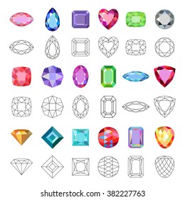 Low Poly Colored & Black Outline Template Four-sided Step-cut Gem Cut Icons Isolated On White Background, Vector Illustration