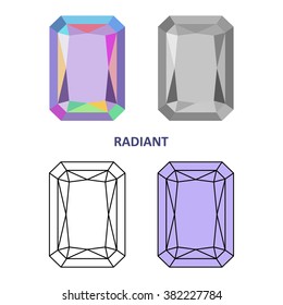 Low poly colored & black outline template four-sided step-cut gem cut icons isolated on white background, vector illustration