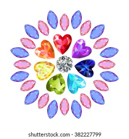 Low poly colored & black outline template four-sided step-cut gem cut icons isolated on white background, vector illustration