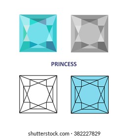 Low poly colored & black outline template four-sided step-cut gem cut icons isolated on white background, vector illustration