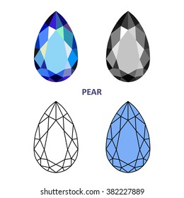 Low poly colored & black outline template four-sided step-cut gem cut icons isolated on white background, vector illustration