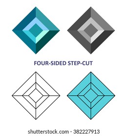 Low poly colored & black outline template four-sided step-cut gem cut icons isolated on white background, vector illustration