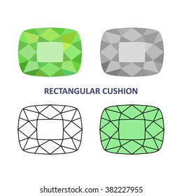 Low poly colored & black outline template four-sided step-cut gem cut icons isolated on white background, vector illustration