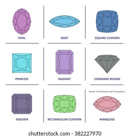Low poly colored & black outline template four-sided step-cut gem cut icons isolated on white background, vector illustration