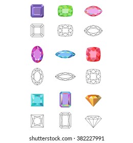 Low poly colored & black outline template four-sided step-cut gem cut icons isolated on white background, vector illustration
