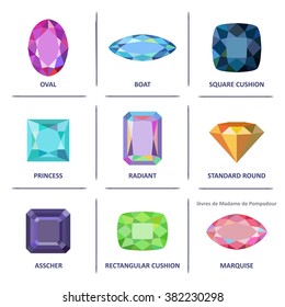 Low poly colored & black outline template four-sided step-cut gem cut icons isolated on white background, vector illustration