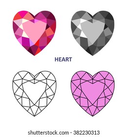 Low poly colored & black outline template heart gem cut icons isolated on white background, vector illustration