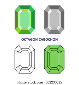 Low poly colored & black outline template octagon cabochon gem cut icons isolated on white background, vector illustration