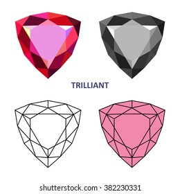 Low Poly Colored & Black Outline Template Trilliant Gem Cut Icons Isolated On White Background, Vector Illustration