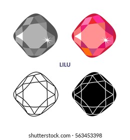 Low poly colored & black outline template fancy gem cut icons isolated on white background, vector illustration