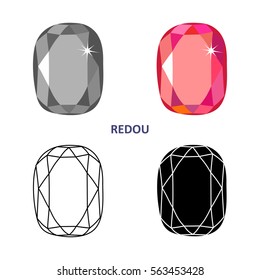 Low poly colored & black outline template fancy gem cut icons isolated on white background, vector illustration