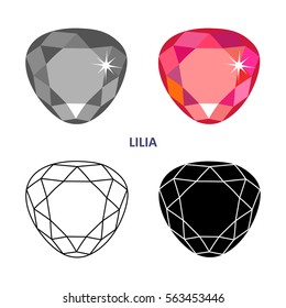 Low poly colored & black outline template fancy gem cut icons isolated on white background, vector illustration